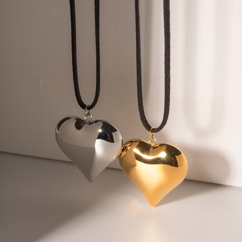 Chunky Heart Pendant Necklace – Long Black Rope, Waterproof, Hypoallergenic, 56 Inches, Bold Statement Jewelry for Women 3
