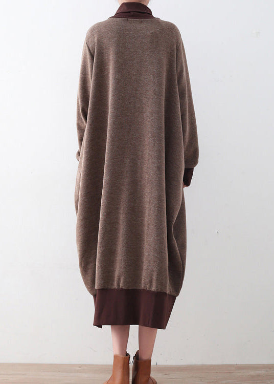 Women's Plus Size Sweater Dress Brown Loose Fit Cotton - 4