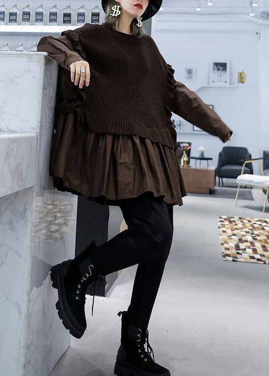 Women's Sweat Top Brown Knit O Neck - 1