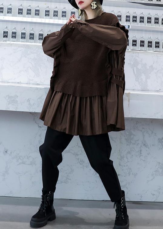 Women's Sweat Top Brown Knit O Neck - 2