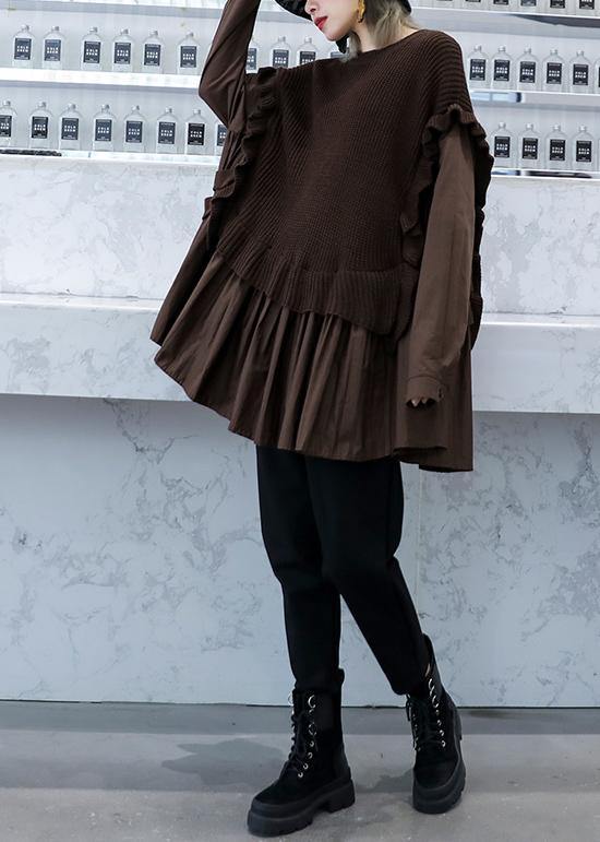 Women's Sweat Top Brown Knit O Neck - 4