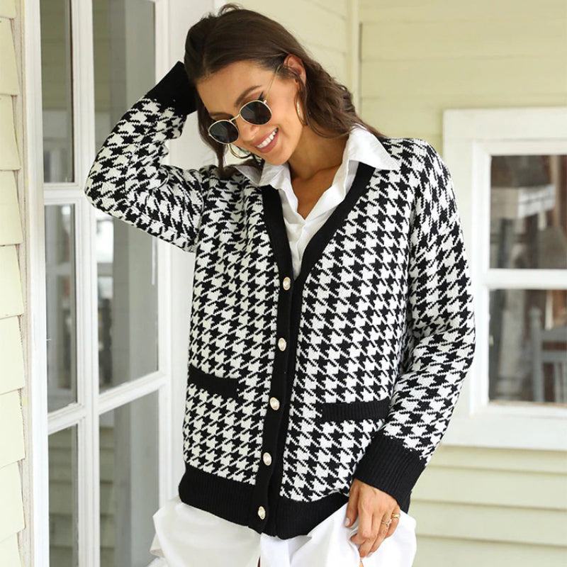 Classic Houndstooth Pattern Knitted Long Sleeve Cardigan Sweaters 0