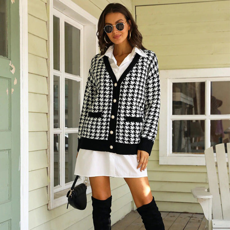 Classic Houndstooth Pattern Knitted Long Sleeve Cardigan Sweaters 1