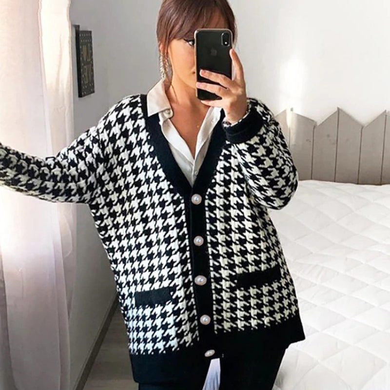 Classic Houndstooth Pattern Knitted Long Sleeve Cardigan Sweaters 2