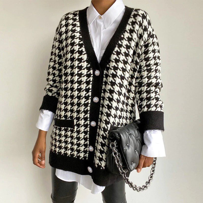 Classic Houndstooth Pattern Knitted Long Sleeve Cardigan Sweaters 3
