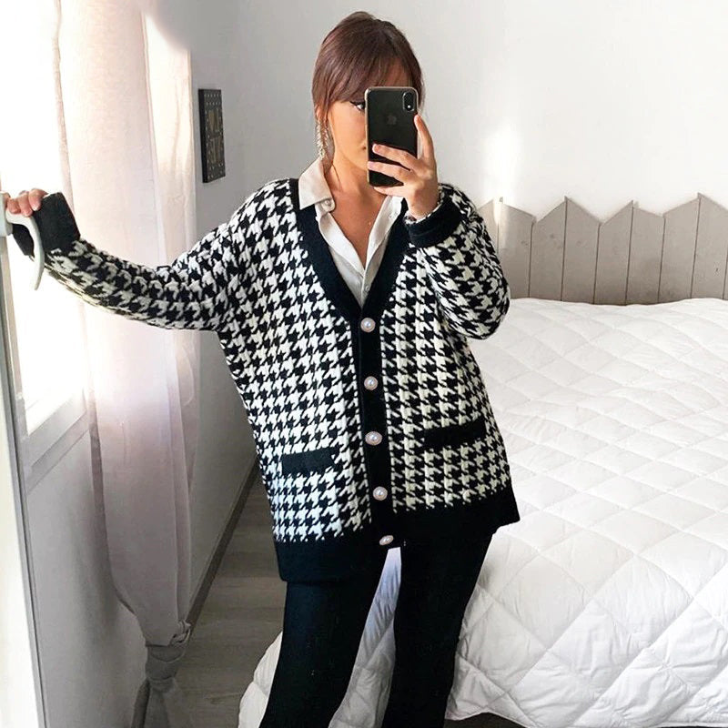 Classic Houndstooth Pattern Knitted Long Sleeve Cardigan Sweaters 4