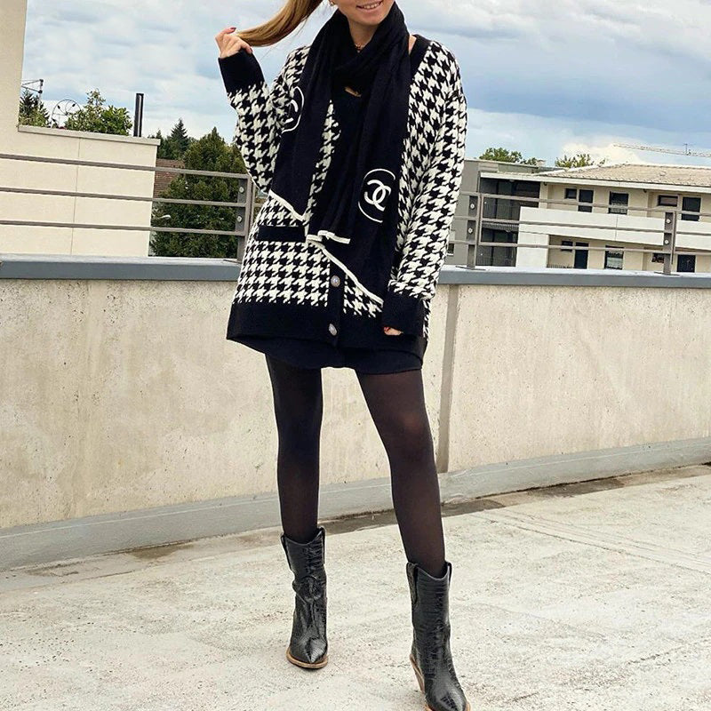 Classic Houndstooth Pattern Knitted Long Sleeve Cardigan Sweaters 5