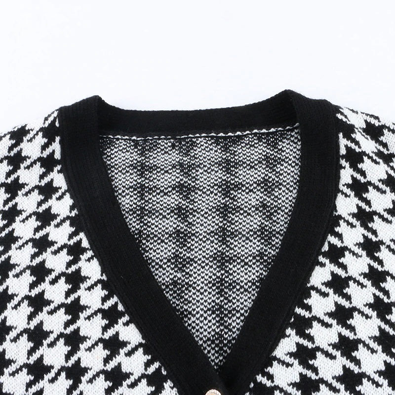 Classic Houndstooth Pattern Knitted Long Sleeve Cardigan Sweaters 8