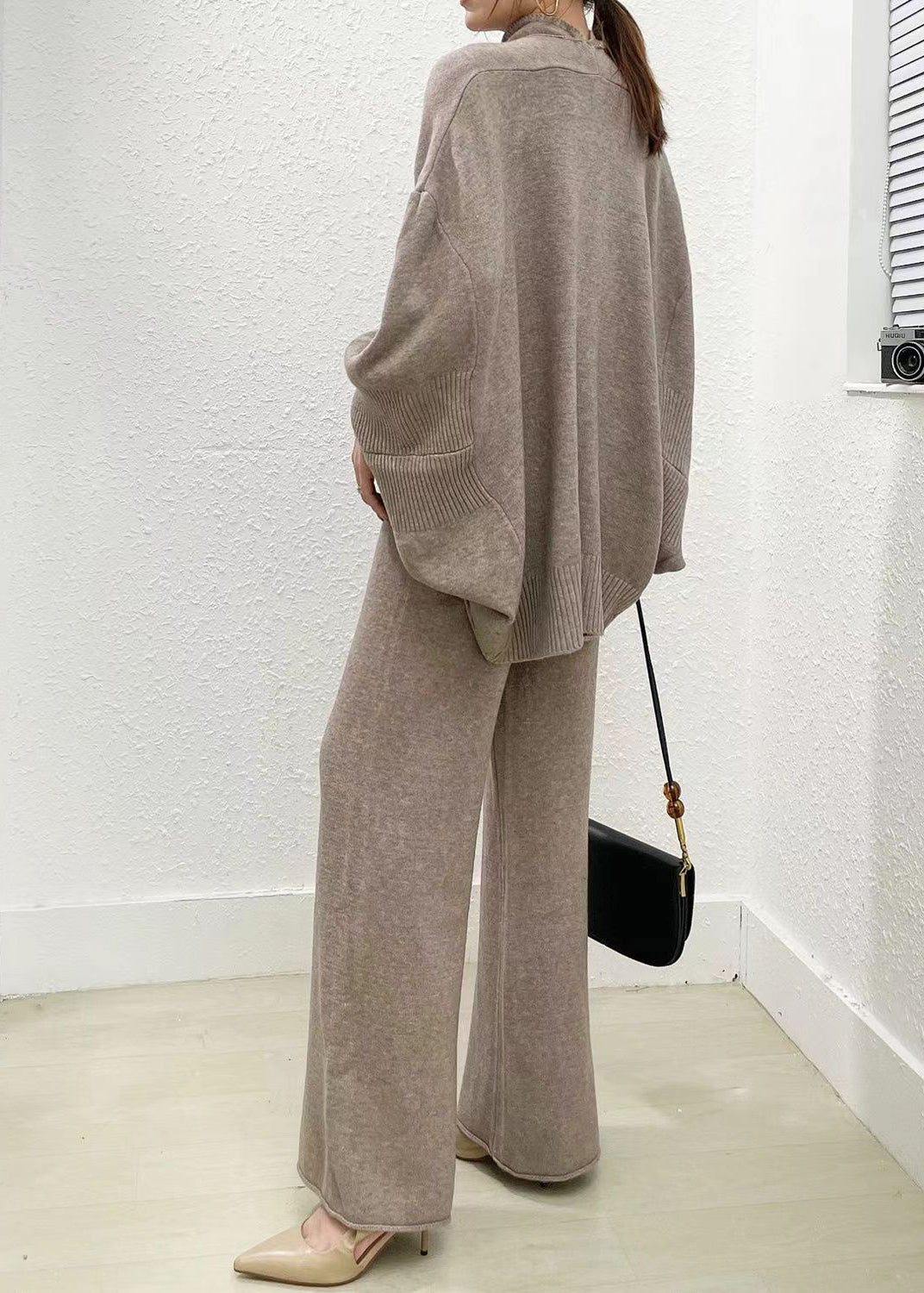 Women's Two Piece Set Camel Knit Sweater and Wide Leg Pants - 3