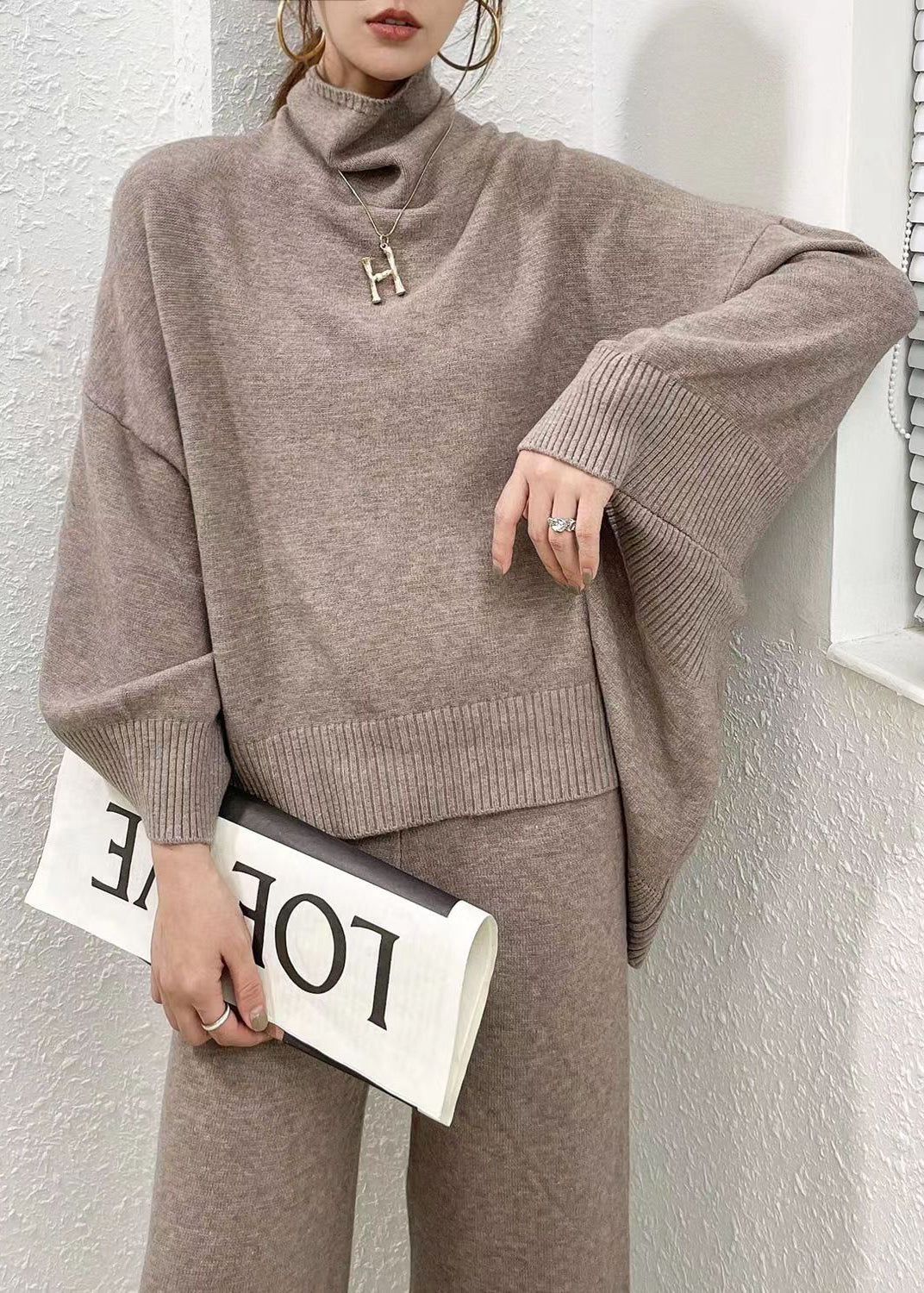 Women's Two Piece Set Camel Knit Sweater and Wide Leg Pants - 4