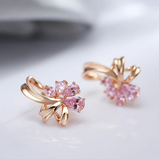 Women's Earrings Pink Floral Stainless Steel Zircon - 2