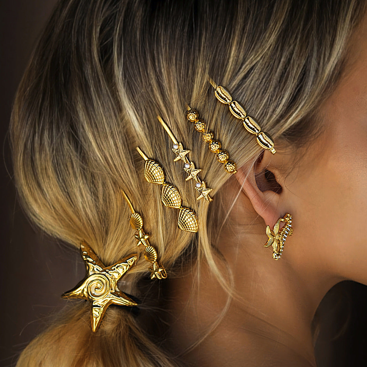 Coastal Seashells Gold French Hair Pin – Hypoallergenic, Waterproof, and Eco-Friendly 6