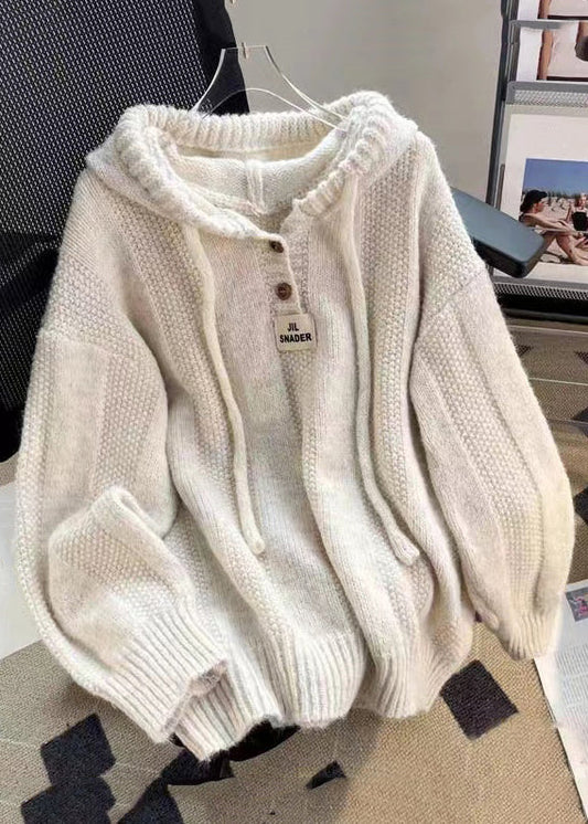 Women's Hooded Top Brown Cotton Knit Long Sleeve - 2
