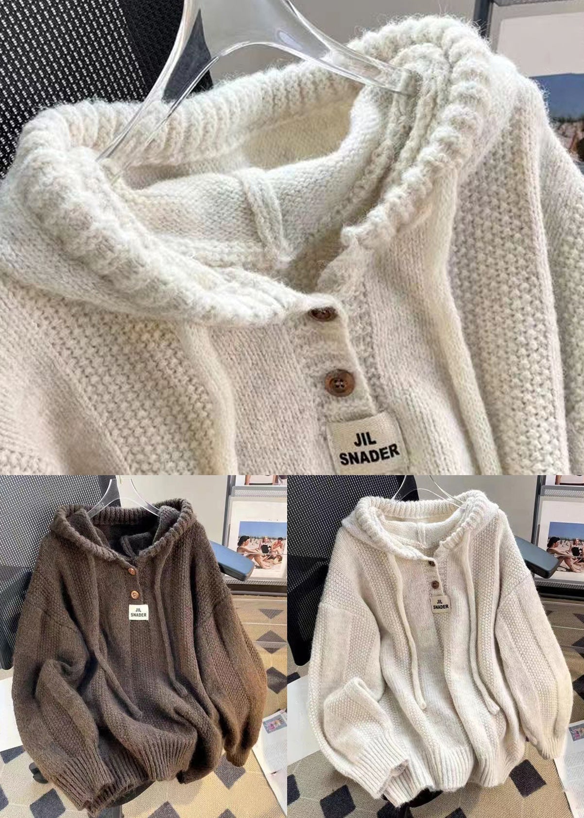 Women's Hooded Top Brown Cotton Knit Long Sleeve - 5