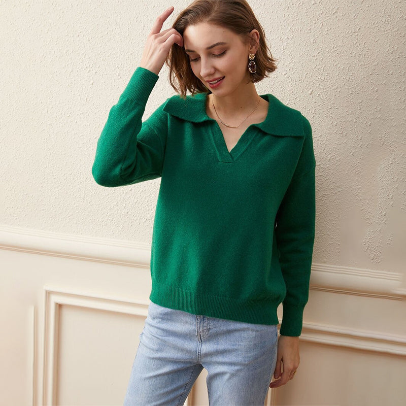 Collared V-Neck Loose Fit Long Sleeve Pullover Sweaters 0