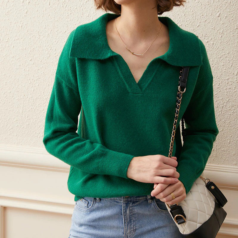 Collared V-Neck Loose Fit Long Sleeve Pullover Sweaters 1