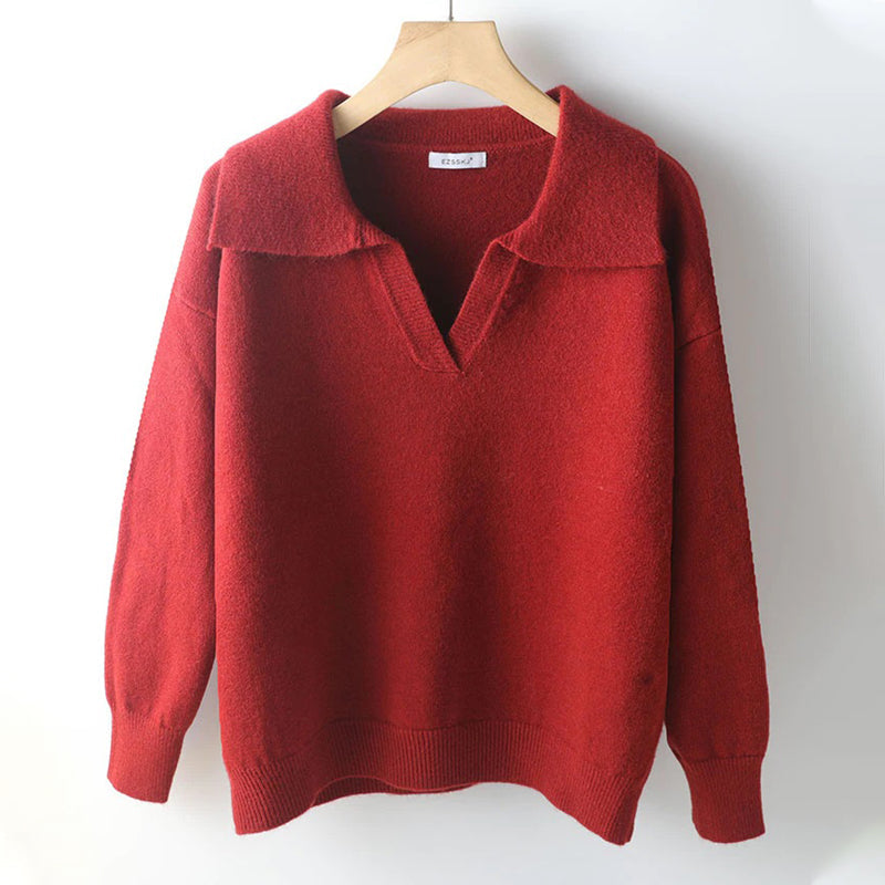 Collared V-Neck Loose Fit Long Sleeve Pullover Sweaters 10
