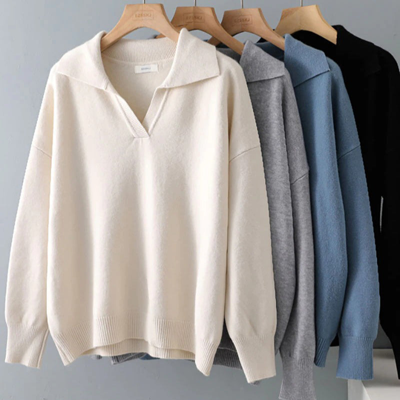 Collared V-Neck Loose Fit Long Sleeve Pullover Sweaters 6