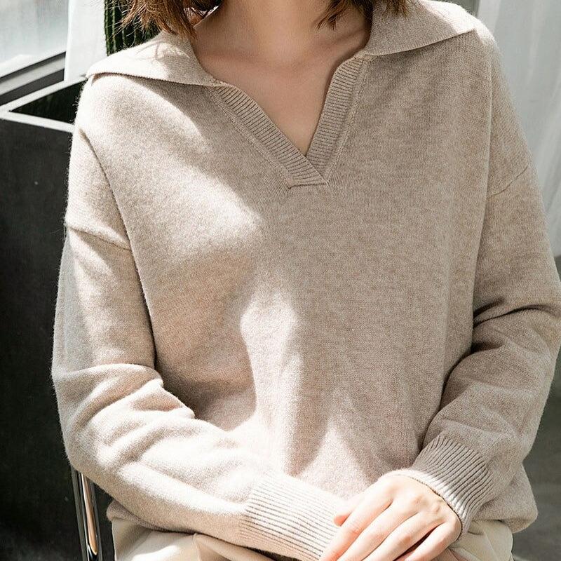 Collared V-Neck Loose Fit Long Sleeve Pullover Sweaters 7