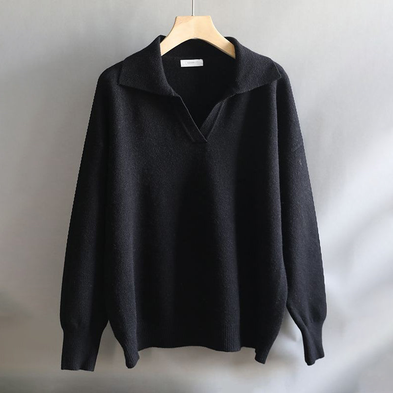 Collared V-Neck Loose Fit Long Sleeve Pullover Sweaters 9