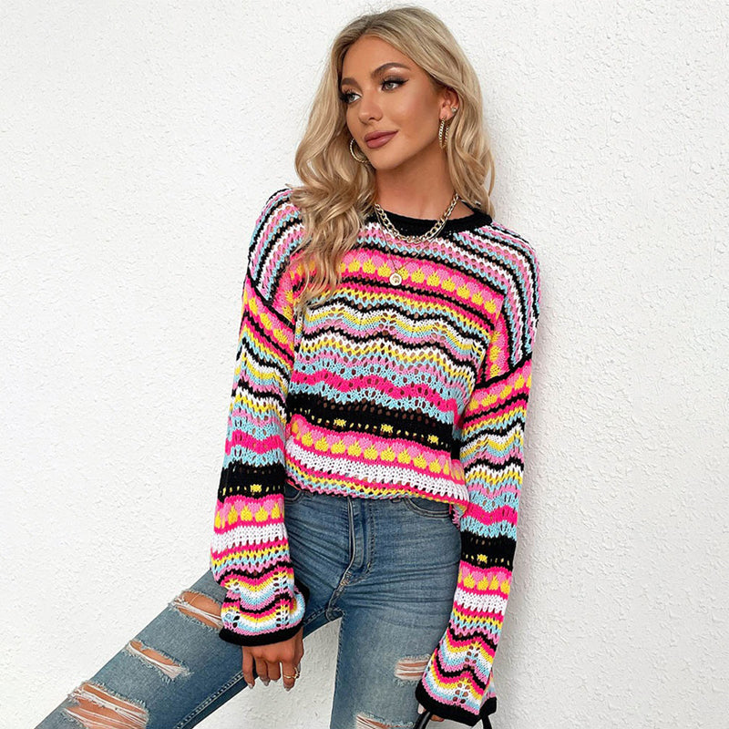 Colorful Loose-Fitting Knitted Flare Sleeve Crochet Hollow Out Pullover Sweaters 0