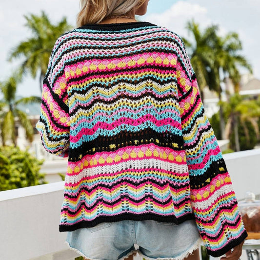 Colorful Loose-Fitting Knitted Flare Sleeve Crochet Hollow Out Pullover Sweaters 1