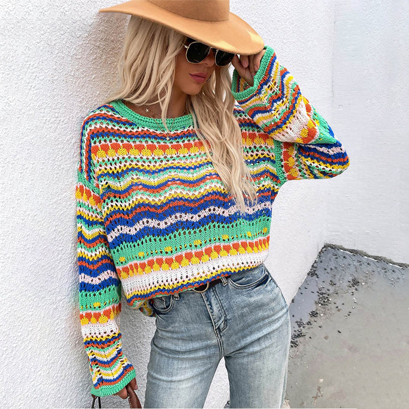 Colorful Loose-Fitting Knitted Flare Sleeve Crochet Hollow Out Pullover Sweaters 10