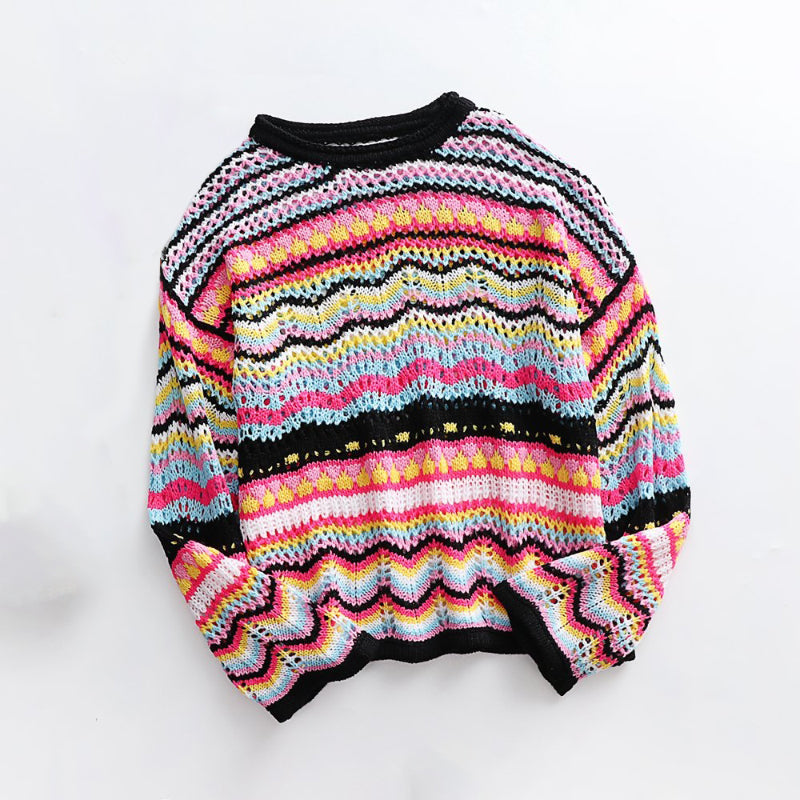 Colorful Loose-Fitting Knitted Flare Sleeve Crochet Hollow Out Pullover Sweaters 4