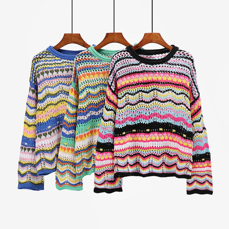 Colorful Loose-Fitting Knitted Flare Sleeve Crochet Hollow Out Pullover Sweaters 6