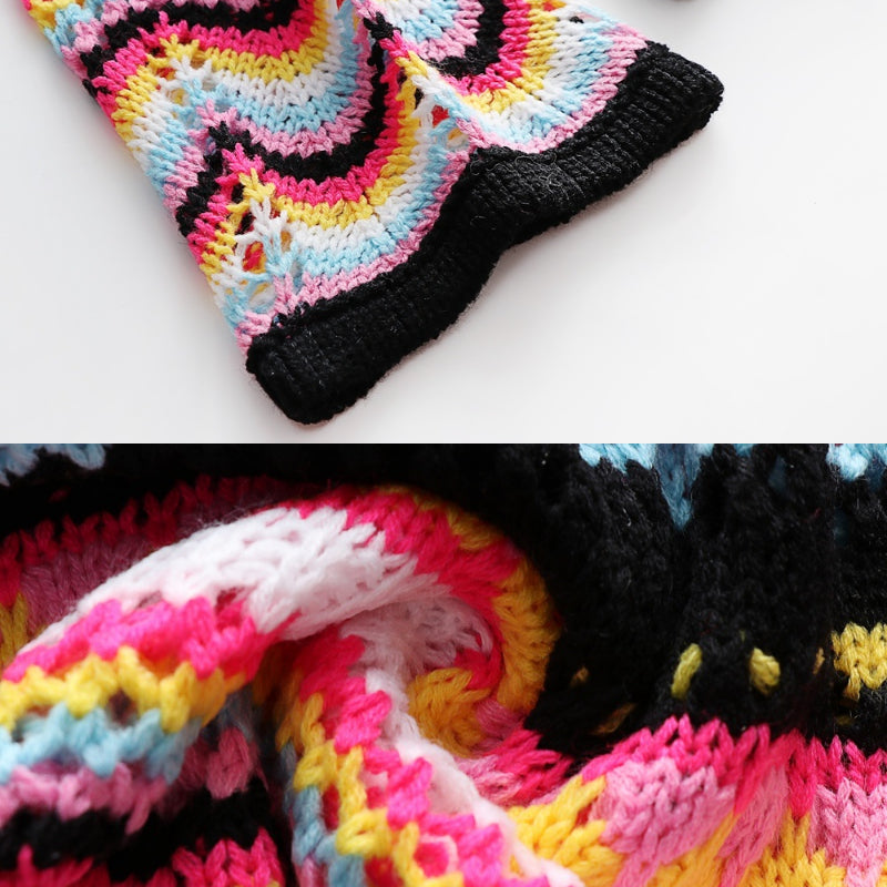 Colorful Loose-Fitting Knitted Flare Sleeve Crochet Hollow Out Pullover Sweaters 7