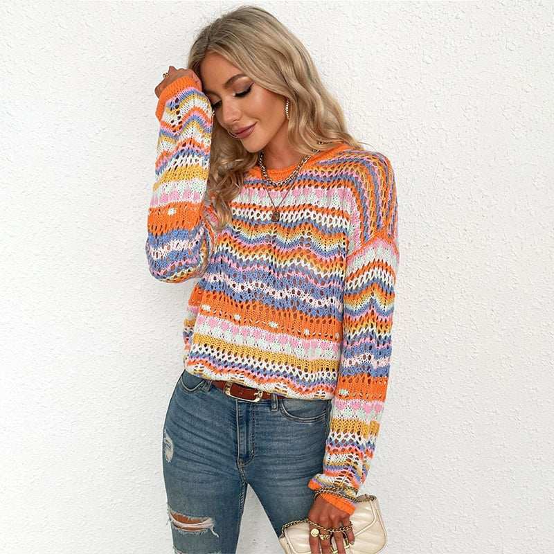 Colorful Loose-Fitting Knitted Flare Sleeve Crochet Hollow Out Pullover Sweaters 8