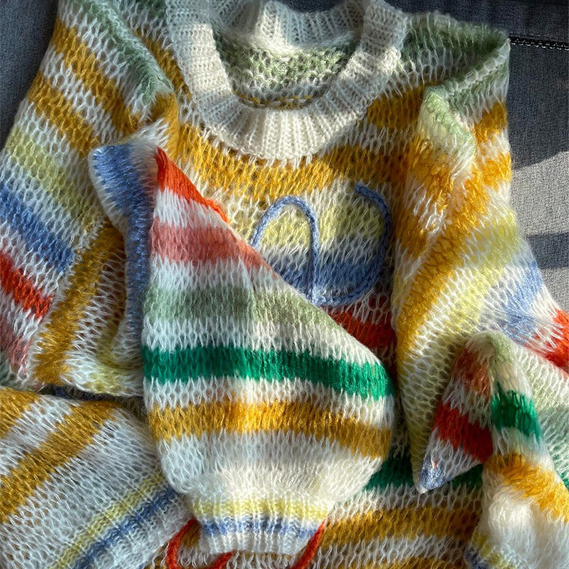 Colorful Stripe Pattern Hollow Knit Long Sleeve Sweater Tops 1