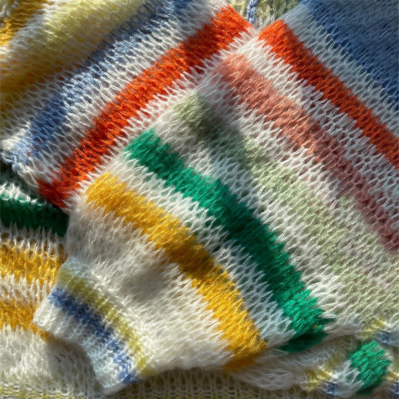 Colorful Stripe Pattern Hollow Knit Long Sleeve Sweater Tops 3
