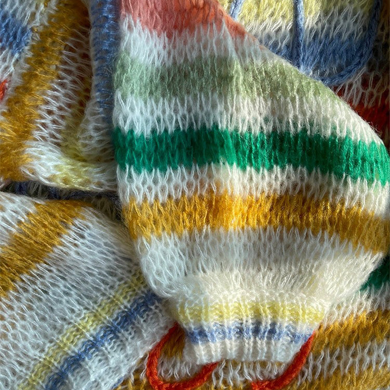 Colorful Stripe Pattern Hollow Knit Long Sleeve Sweater Tops 5