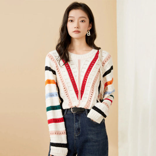 Colorful Striped Asymmetrical Hollow-Out Knitted Pullover Sweater 0