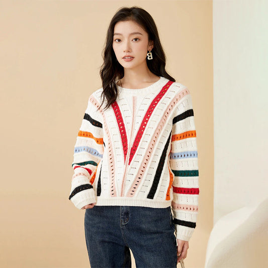 Colorful Striped Asymmetrical Hollow-Out Knitted Pullover Sweater 1