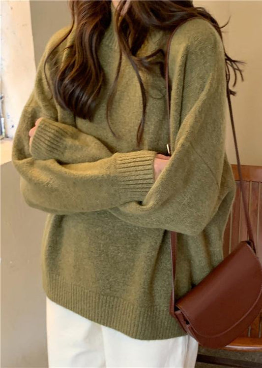 Women's Knit Blouse Green Plus Size High Neck - 1