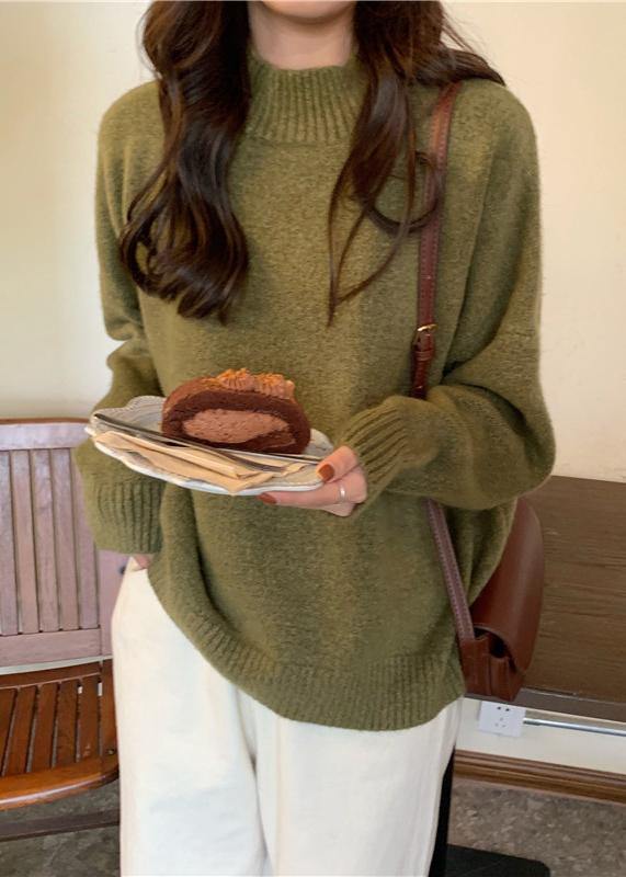 Women's Knit Blouse Green Plus Size High Neck - 3