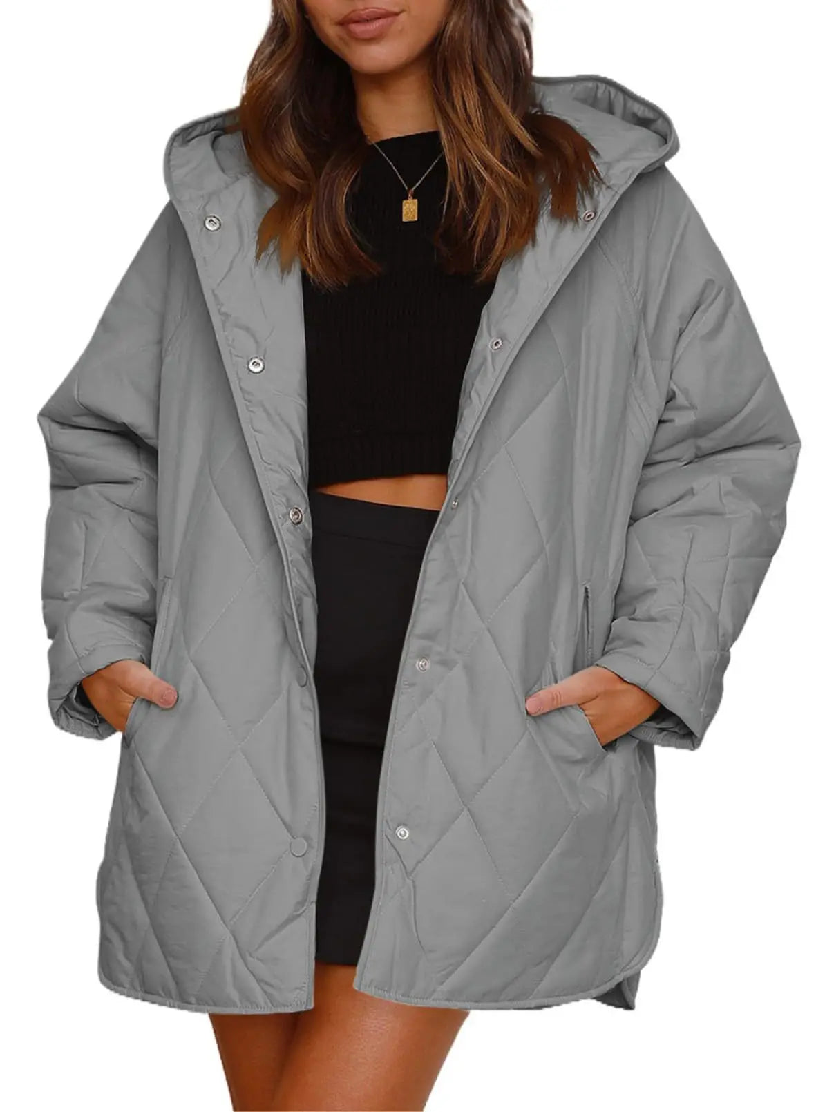 Women's Oversized Hooded Padded Coat in Gray – additional product view | Hensley London