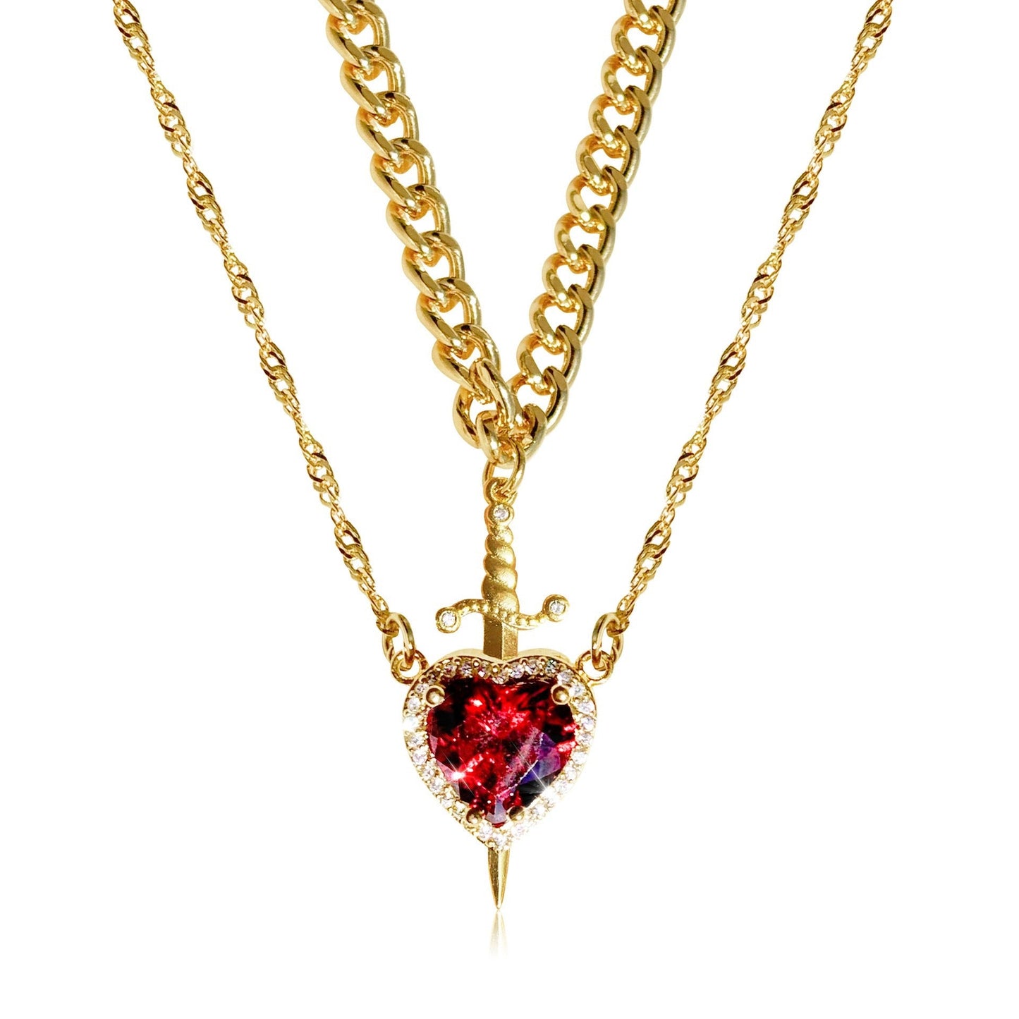 Couples Necklace Set - Matching Heart and Sword Pendants in Gold and Silver - Couple Jewelry Necklace for Him and Her