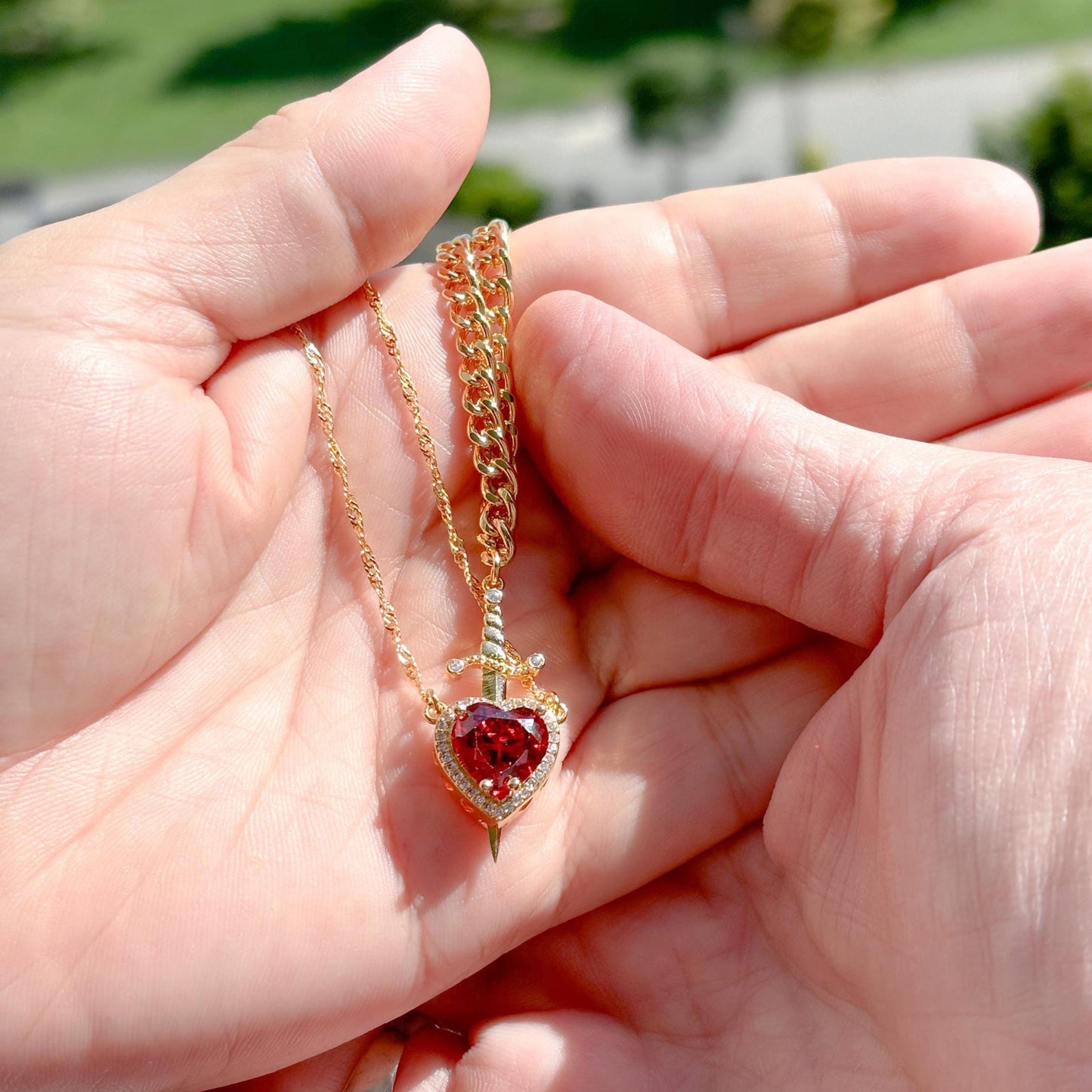 Couples Necklace Set - Matching Heart and Sword Pendants in Gold and Silver - Couple Jewelry Necklace for Him and Her