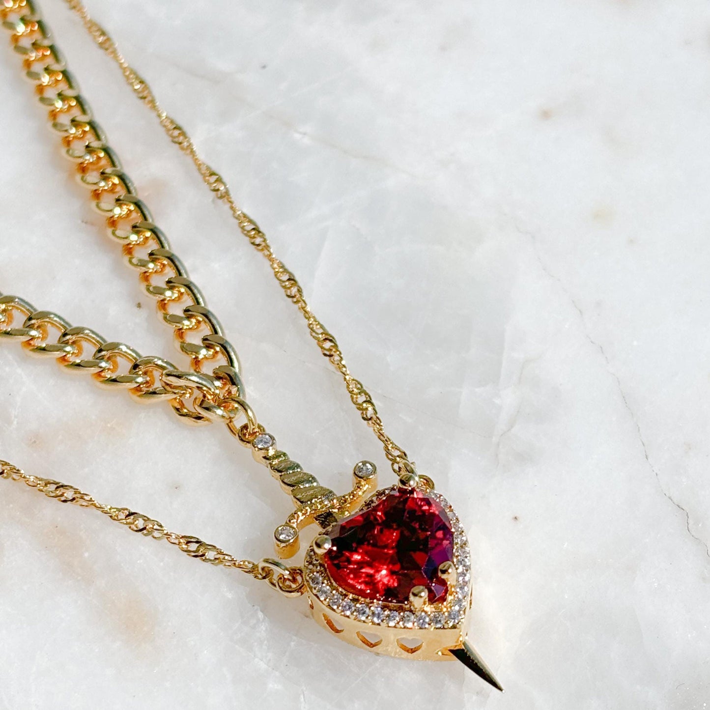 Couples Necklace Set - Matching Heart and Sword Pendants in Gold and Silver - Couple Jewelry Necklace for Him and Her