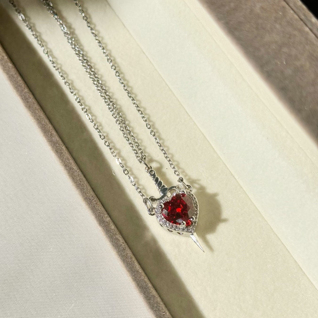 Couples Necklace Set - Matching Heart and Sword Pendants in Gold and Silver - Couple Jewelry Necklace for Him and Her