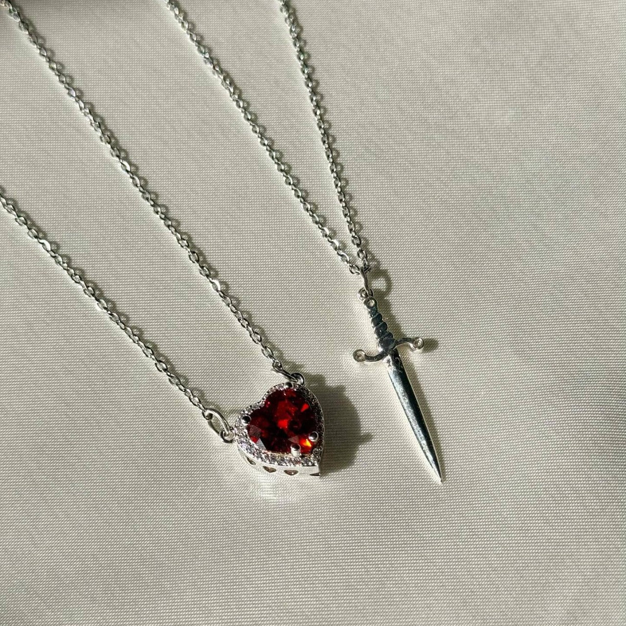 Couples Necklace Set - Matching Heart and Sword Pendants in Gold and Silver - Couple Jewelry Necklace for Him and Her