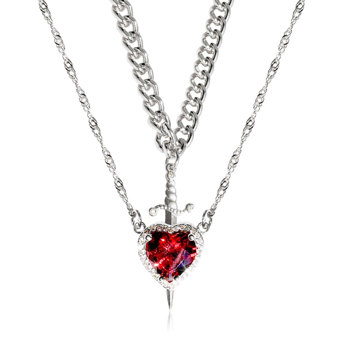 Couples Necklace Set - Matching Heart and Sword Pendants in Gold and Silver - Couple Jewelry Necklace for Him and Her