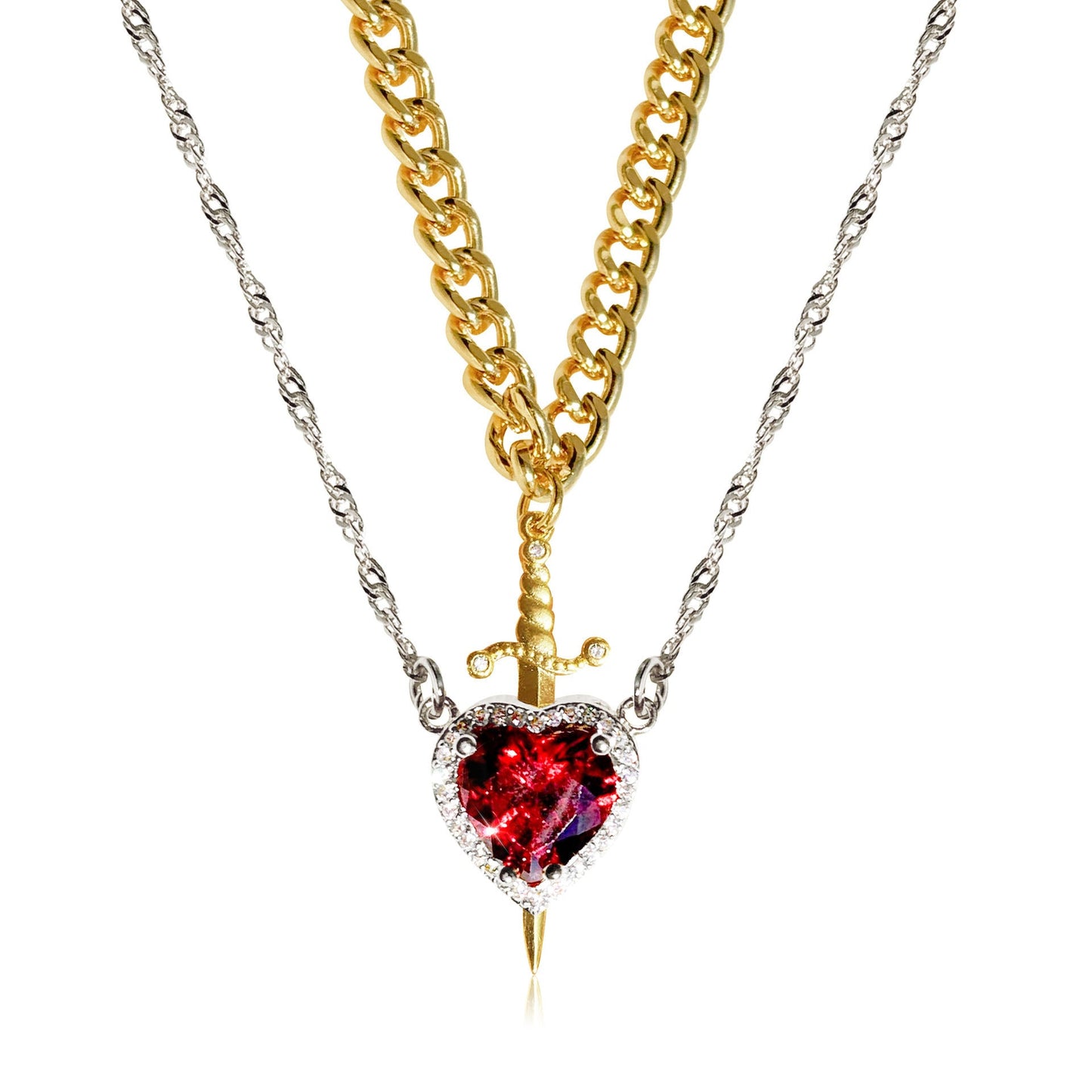 Couples Necklace Set - Matching Heart and Sword Pendants in Gold and Silver - Couple Jewelry Necklace for Him and Her