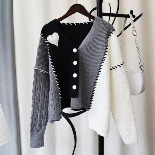 Cozy Love Heart Patchwork Design Knitted Cardigan Sweaters 0