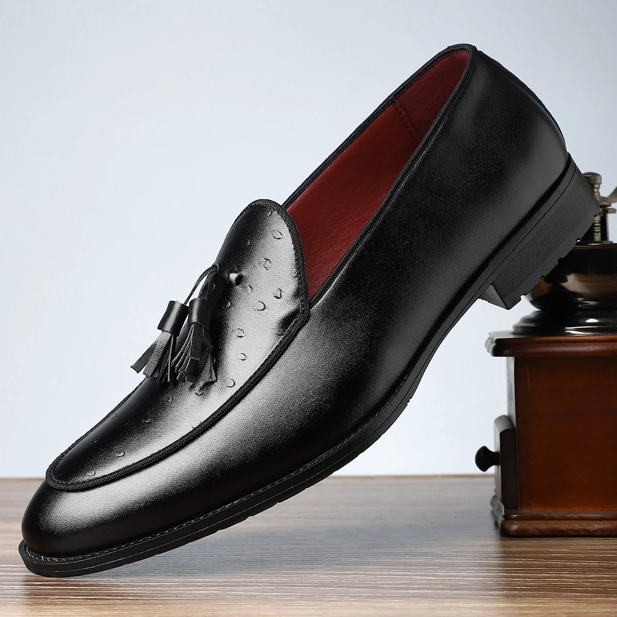 Men's Textured Tassel Loafers in Black – product view | Hensley London