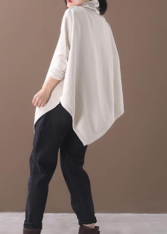Women's Blouse Beige Cotton High Neck Asymmetric Hem - 3