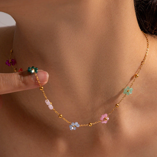 Dainty Floral Necklace with Pastel Charms – Waterproof Hypoallergenic Jewelry for Women, 17-Inch Adjustable Length 1